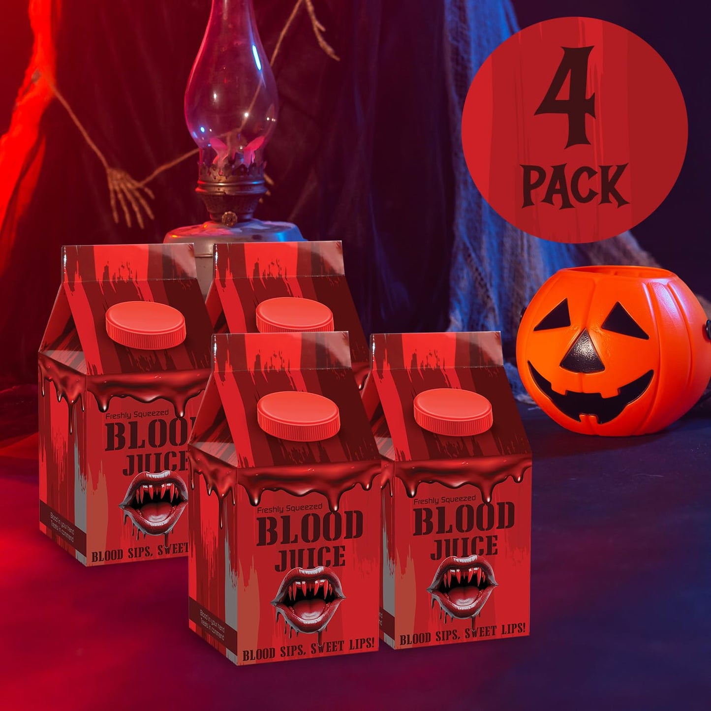Blood Juice Halloween Jelly Beans - 4 Pack Red Bottle Cartons Filled with Red Jelly Bean Candy - Spooky Prank Novelty Gift for Party, Haunted Houses
