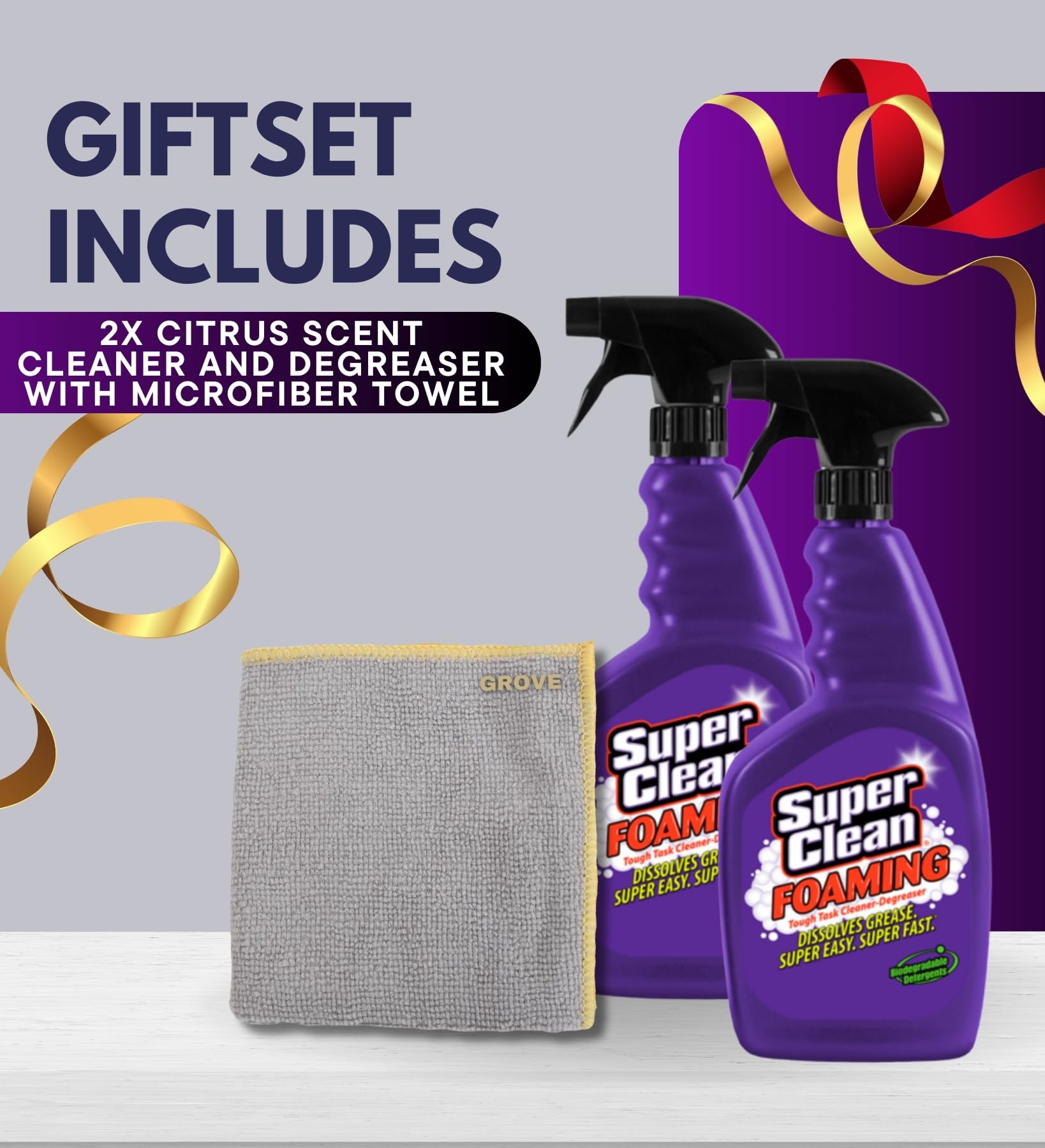 Super Clean Citrus Scent Foaming Cleaner and Degreaser Spray 32 oz Bundle with Microfiber Cloth - Heavy Duty Degreaser for Kitchen, Oil, Grime