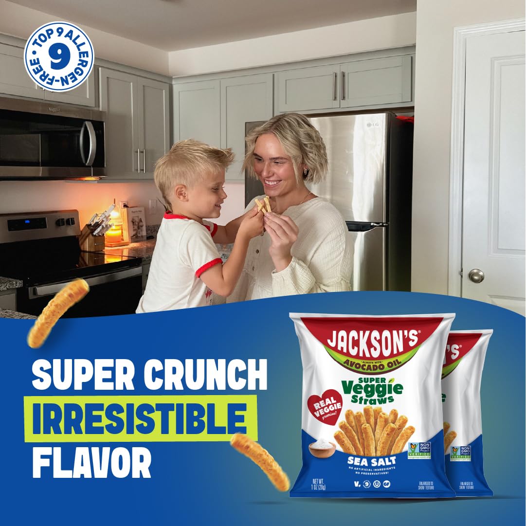 Jackson’s Super Veggie Straws™ (Sea Salt, 1 oz, Pack of 10) - Gluten Free, Vegan, Snacks for Kids & Adults - Made with Avocado Oil