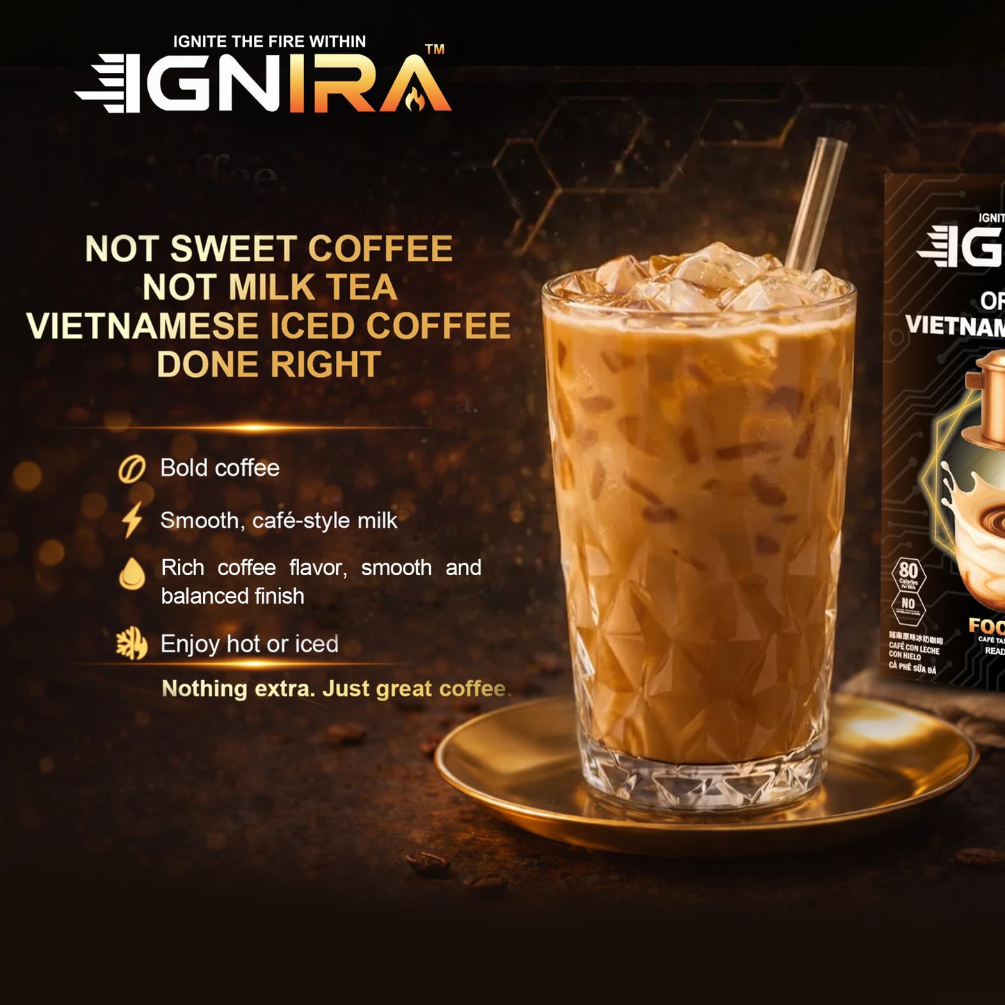 IGNIRA Original Instant Coffee - Hot or Iced Milk Coffees, Premium Robusta Instant Coffee Packets, Not Too Sweet, No Cholesterol, No Soybeans