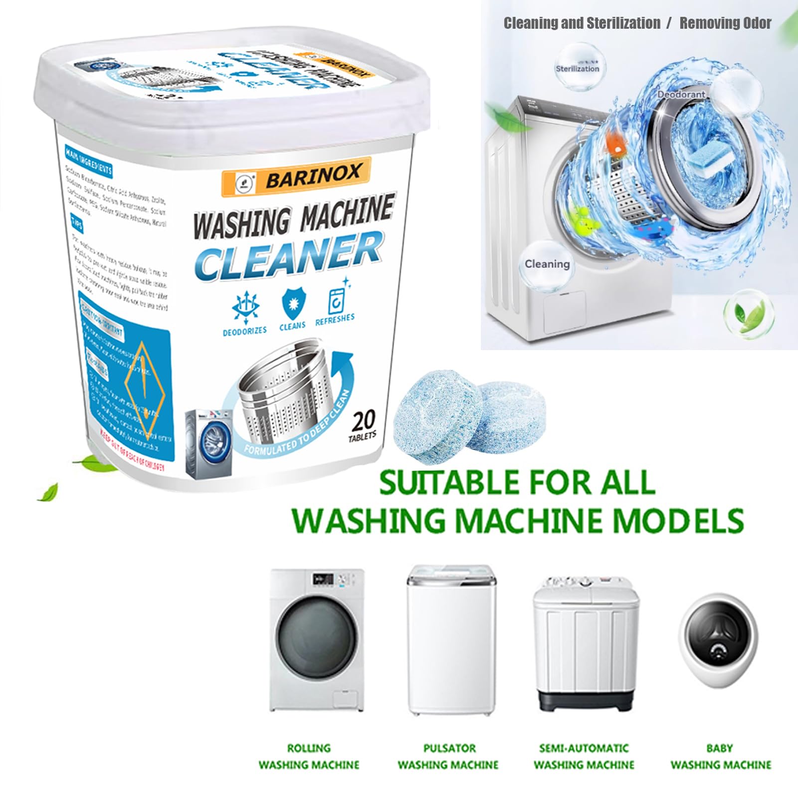 BARINOX - Bundle - Washing Machine Cleaner Tablets (20 Pack) & 7 oz Mold Remover Gel | Deep Cleaning, Odor & Mold Removal | Multi-Purpose Cleaner