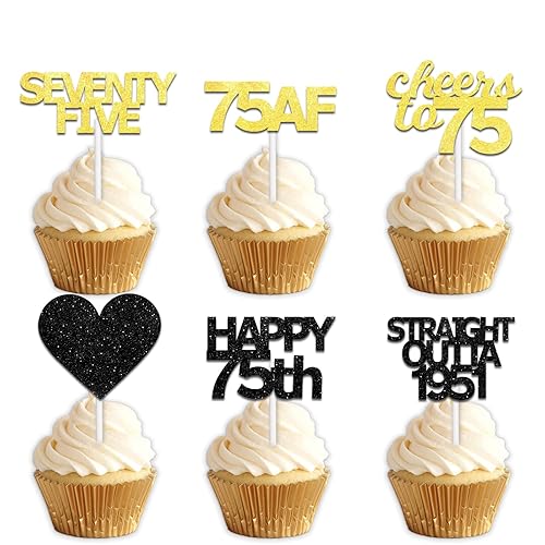 18pcs Black Gold Glitter Dessert Cupcake Pick for Straight Outta 1951 Cheer to 75 Years Old Theme Decor Supplies Happy 75th Birthday Party Decoration