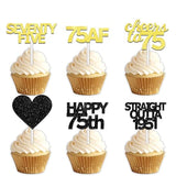 18pcs Black Gold Glitter Dessert Cupcake Pick for Straight Outta 1951 Cheer to 75 Years Old Theme Decor Supplies Happy 75th Birthday Party Decoration
