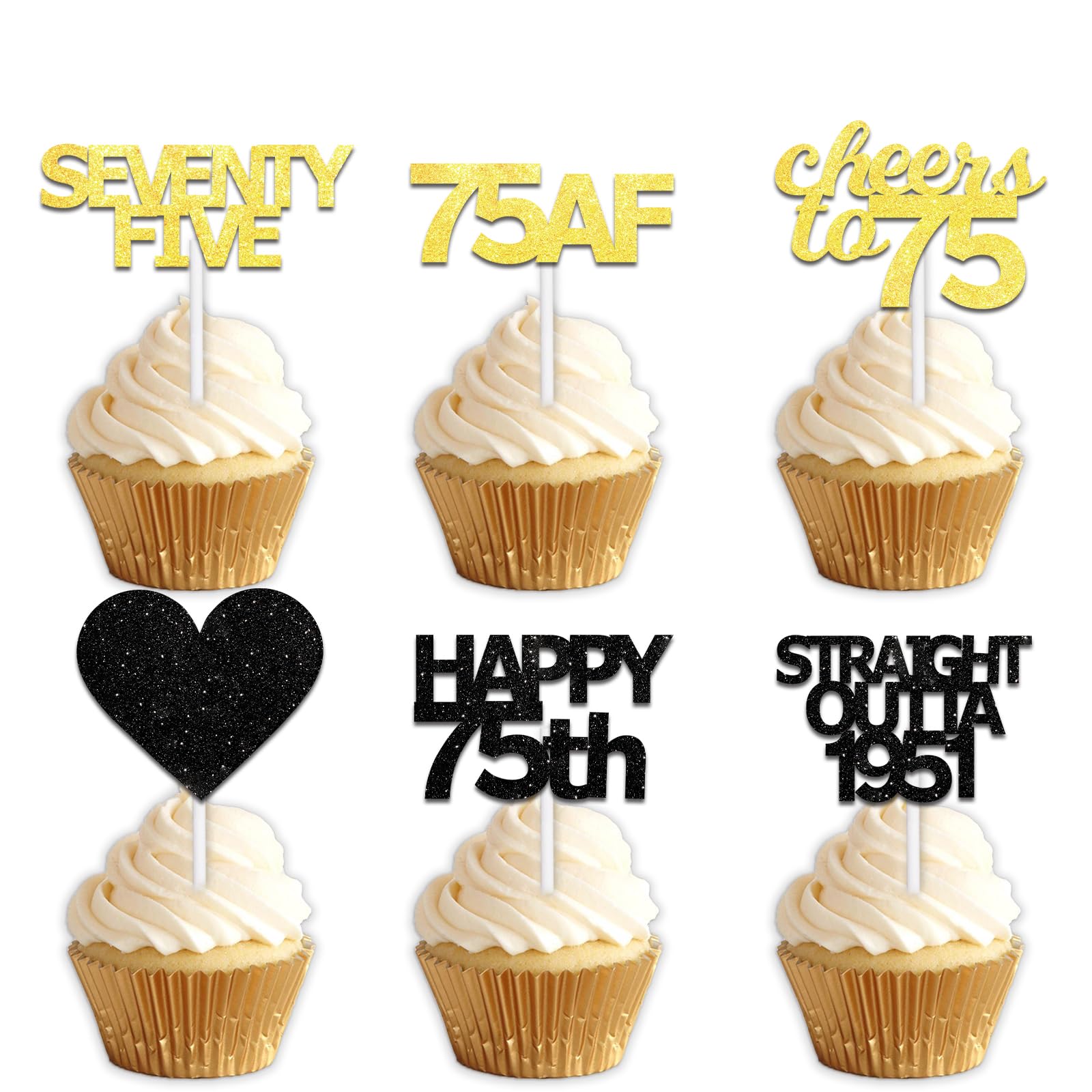 18pcs Black Gold Glitter Dessert Cupcake Pick for Straight Outta 1951 Cheer to 75 Years Old Theme Decor Supplies Happy 75th Birthday Party Decoration