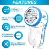 Fabric Shaver Lint Remover, AW union USB Powered Lint Shaver Efficiently Remove Lints from Fabrics, Clothes, Upholstery - 70" Cord - 2 Replacement