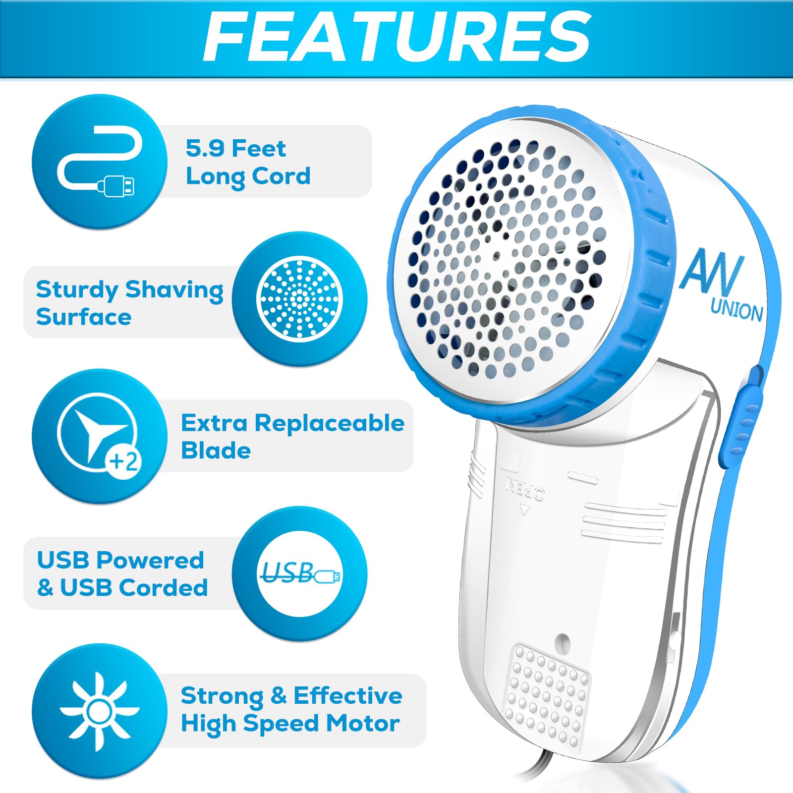 Fabric Shaver Lint Remover, AW union USB Powered Lint Shaver Efficiently Remove Lints from Fabrics, Clothes, Upholstery - 70" Cord - 2 Replacement