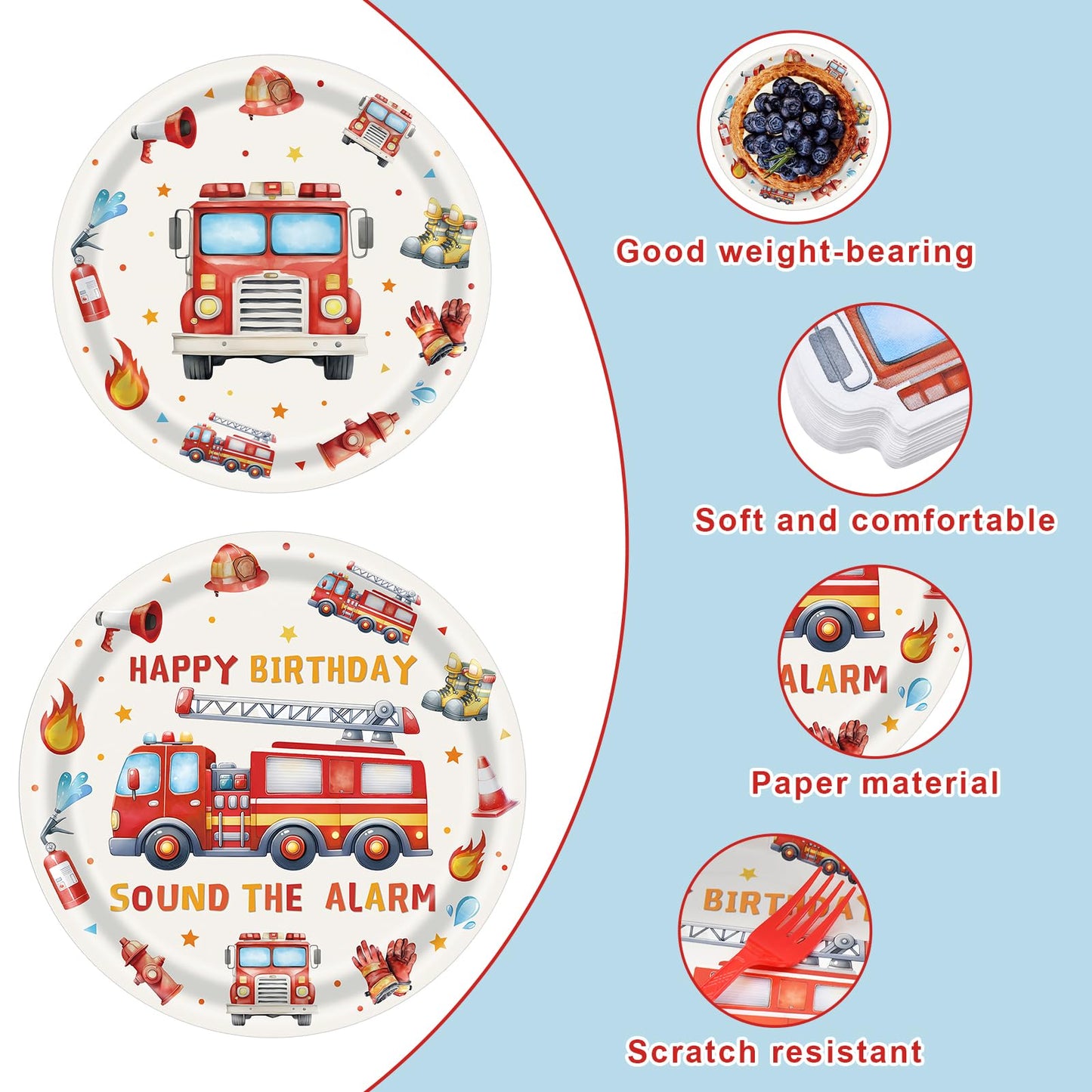 Herytem 100 Pcs Fire Truck Birthday Tableware Party Supplies - Disposable Firefighter Dinnerware Set with Paper Plates, Napkins, and Forks for Rescue