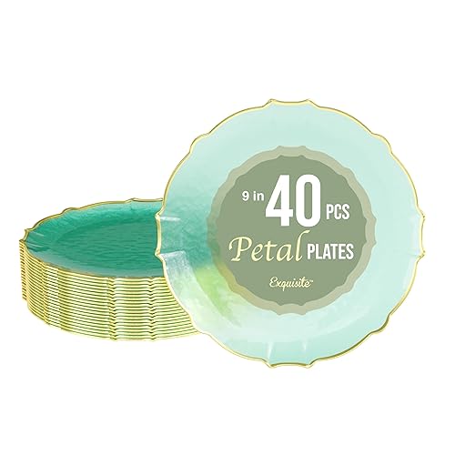 Exquisite Elegant Plastic Dinner Plates - 40 x 9 inch Disposable Plates for Party - Mint with Gold Rim