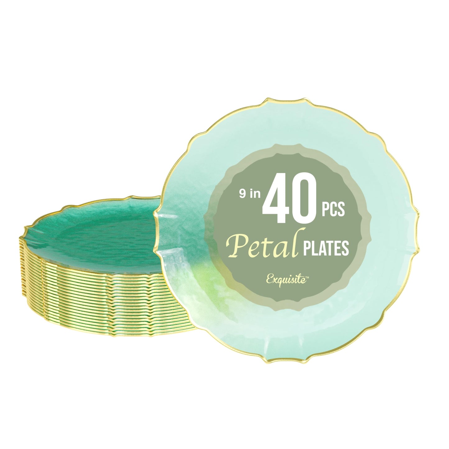 Exquisite Elegant Plastic Dinner Plates - 40 x 9 inch Disposable Plates for Party - Mint with Gold Rim