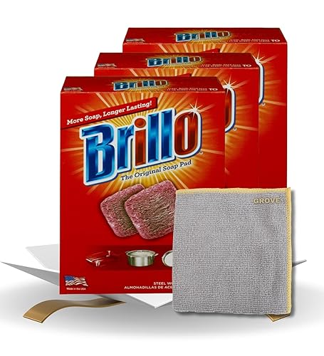Brillo Heavy Duty Steel Wool Pads 10 pc Bundle with Microfiber Cloth - Tough Grease and Grime Remover - Steel Wool Soap Pads for Heavy Duty Cleaning