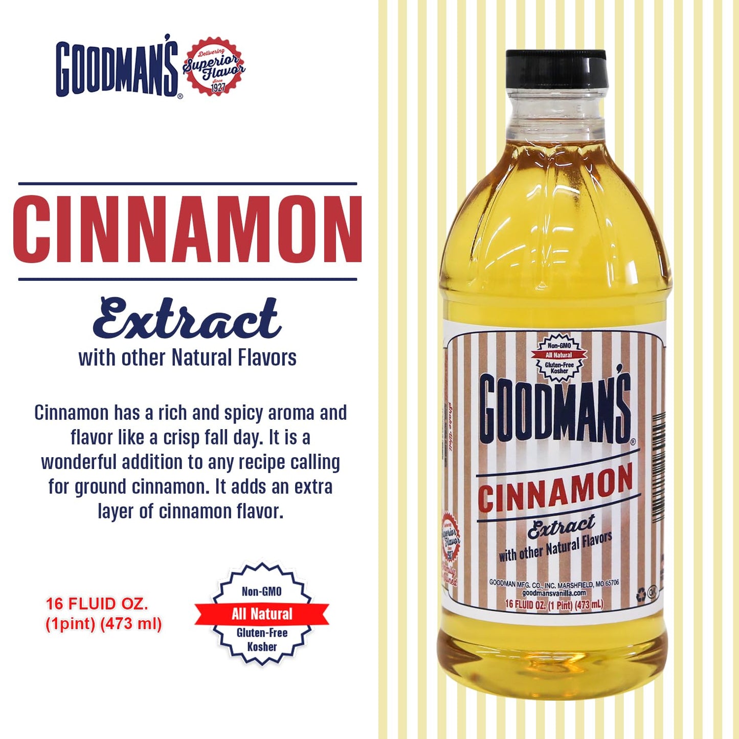 Goodman's Cinnamon Extract - Gluten-Free, Non-GMO, Kosher, Low Carb & Calorie, No Artificial Color - Rich Spicy Aroma for Baking & More - 1 Pint