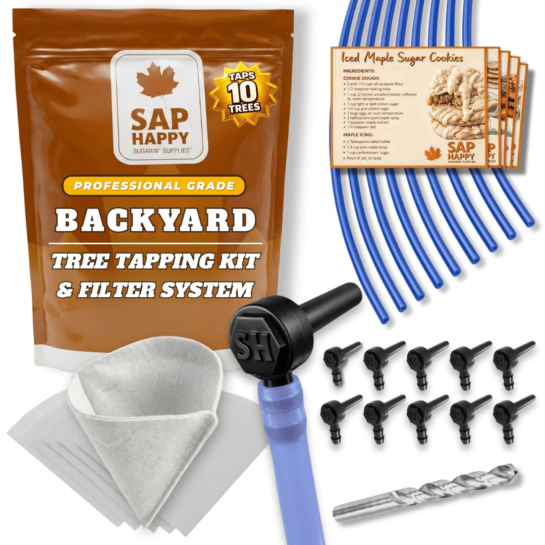 Maple Syrup Tapping Kit - (10) Taps for Maple Trees, (10) 3' Food Grade Maple Syrup Tubing Drops, (5) 1 Quart Maple Syrup Filters, Maple Syrup Drill