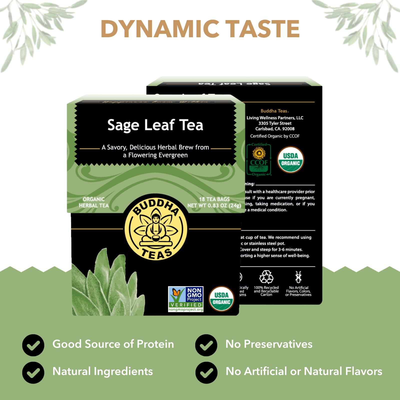 Buddha Teas - Organic Sage Leaf Tea - Herbal Tea - With Vitamins & Minerals - Clean Ingredients - Caffeine Free - OU Kosher - 18 Bleach-Free Tea Bags