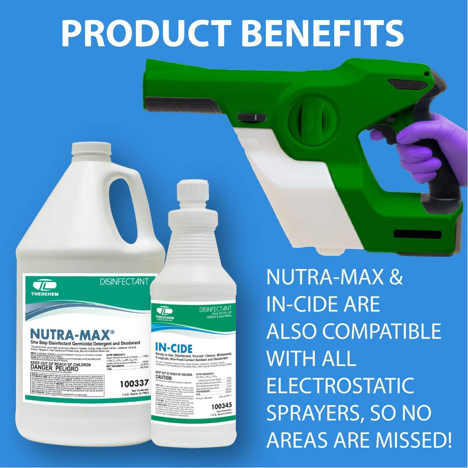 Theochem Nutra-Max Hospital Grade Disinfectant, EPA List N & G, Kills 99.9% Viruses & Bacteria, 1:32 Concentrate Makes 32 Gallons, Commercial