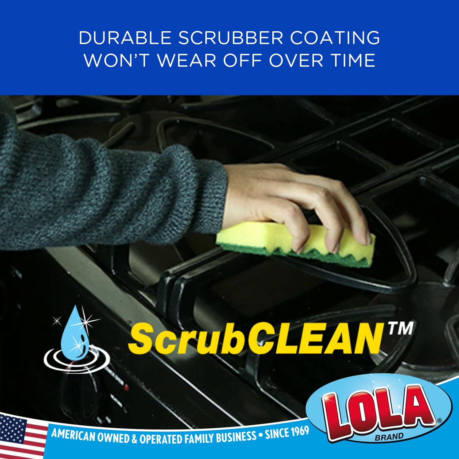 LOLA Heavy Duty Scrub Sponges, 2 Pack, Made in USA, Superior Sponge Lasts up to 4X Longer, Reusable Long Lasting, Next Generation Cleaning