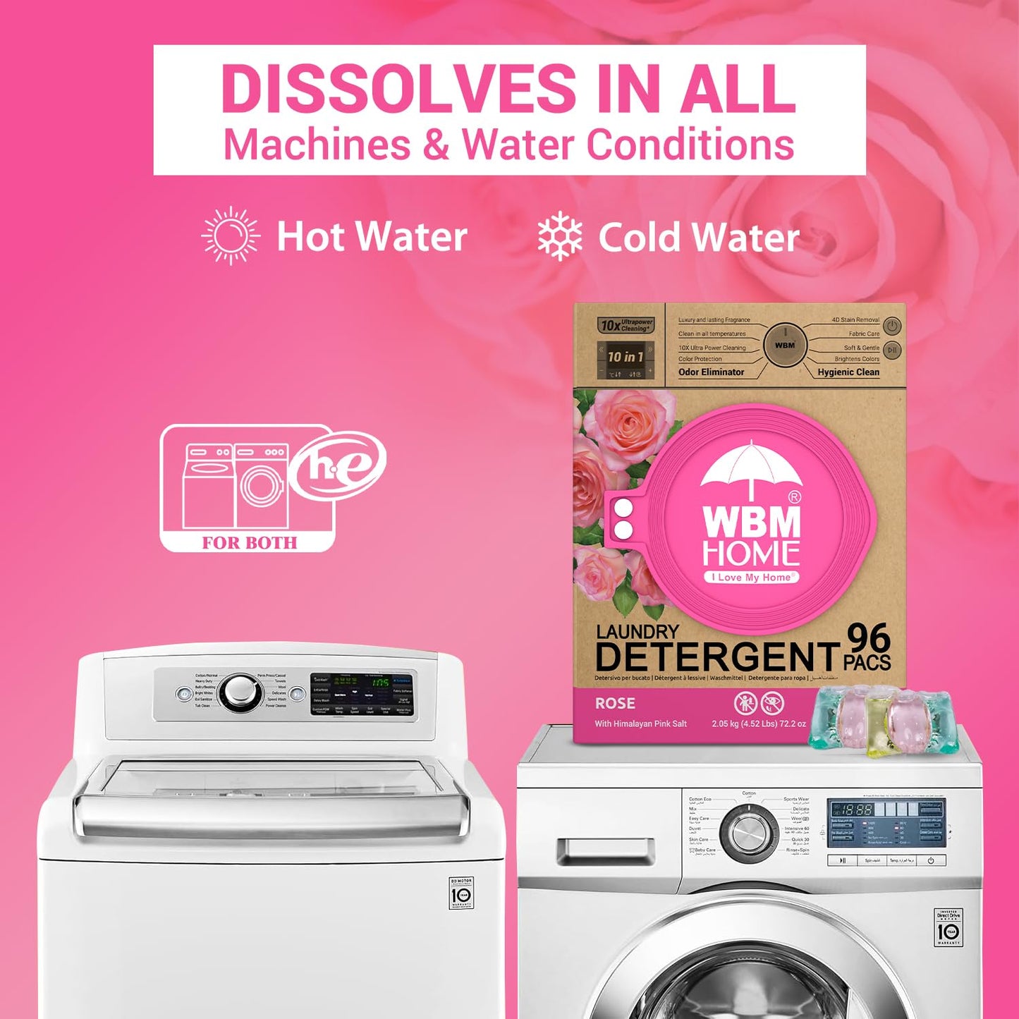 WBM Home 10-in-1 Laundry Pods, Total 96 Count, Ultra Concentrate with Powerful Stain Lifter Technology, Fabric Softener With Rose Extracts, Detergent