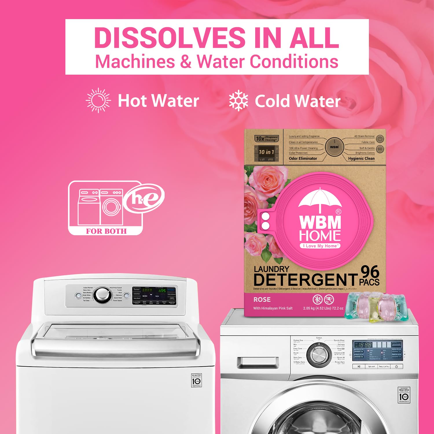 WBM Home 10-in-1 Laundry Pods, Total 96 Count, Ultra Concentrate with Powerful Stain Lifter Technology, Fabric Softener With Rose Extracts, Detergent