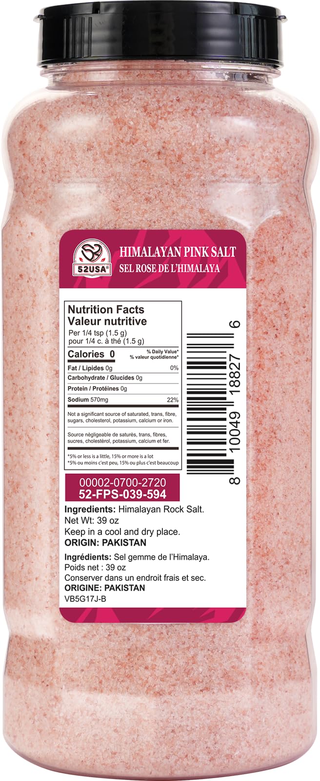 52USA Himalayan Pink Salt, Fine Grain, 39oz (2.4 LB), Pink Himalayan Sea Salt, Himalayan Salt, Kosher Salt, Rock Salt for Grinder Refill