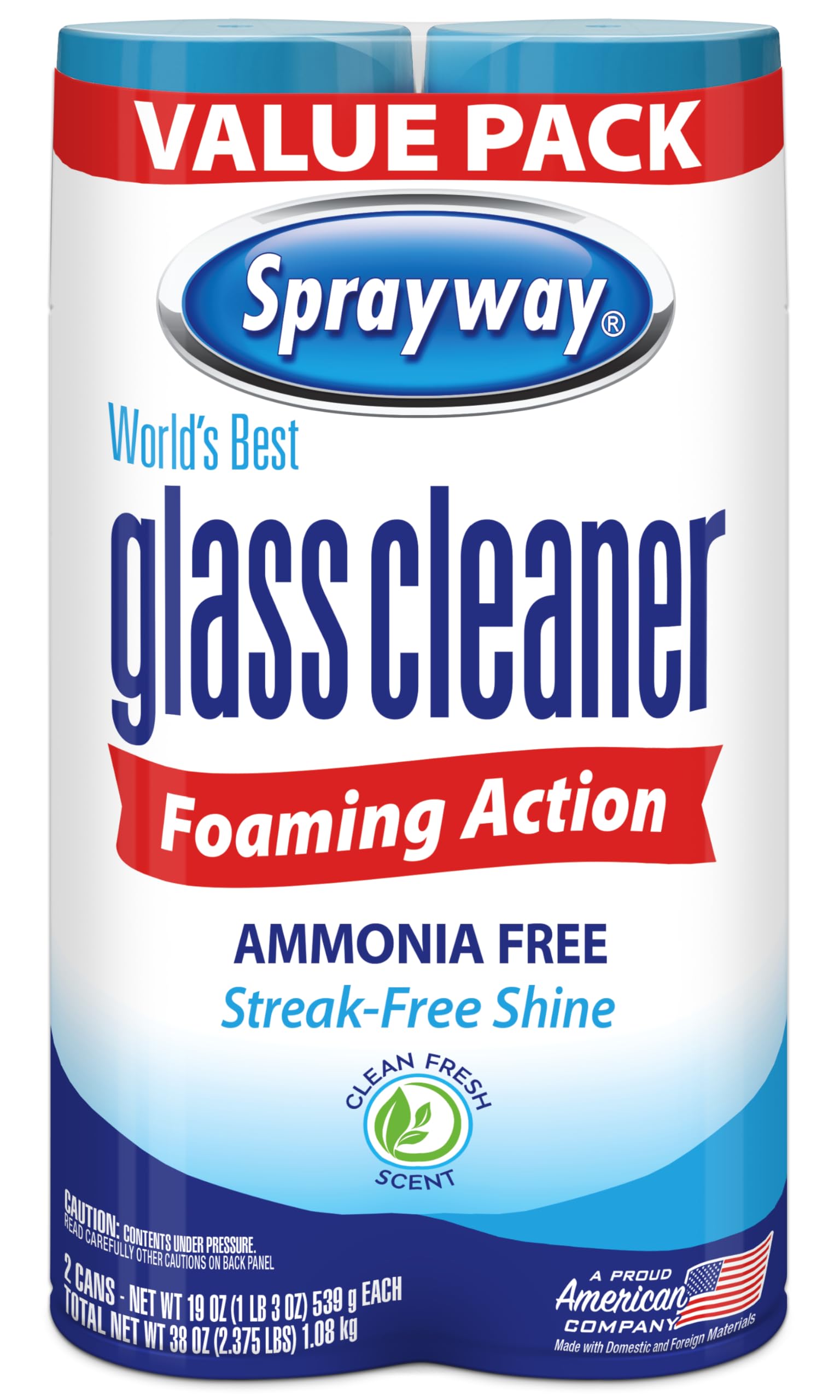 Sprayway Glass Cleaner Foaming Aerosol Spray, 19oz, Pack of 2 | Ammonia-Free, Streakless, Fast-Acting | Cleans & Polishes Glass Surfaces | Fresh