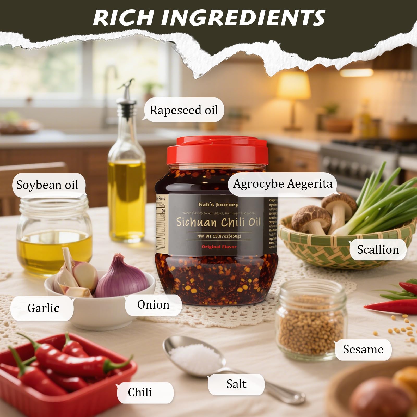 Kah's Journey Original Szechuan Chili Oil - 15.87oz (450g) Spicy Chili Crisp with Crunchy Garlic, Vegan, Sugar Free Hot Sauce, Great for Noodles