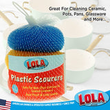 LOLA Plastic Mesh Scouring Pads - 3 Pack, 3.375" x 1.25", Non-Scratch Dish Scrubbers to Clean Dishes, Assorted Colors - Red, Blue & Yellow