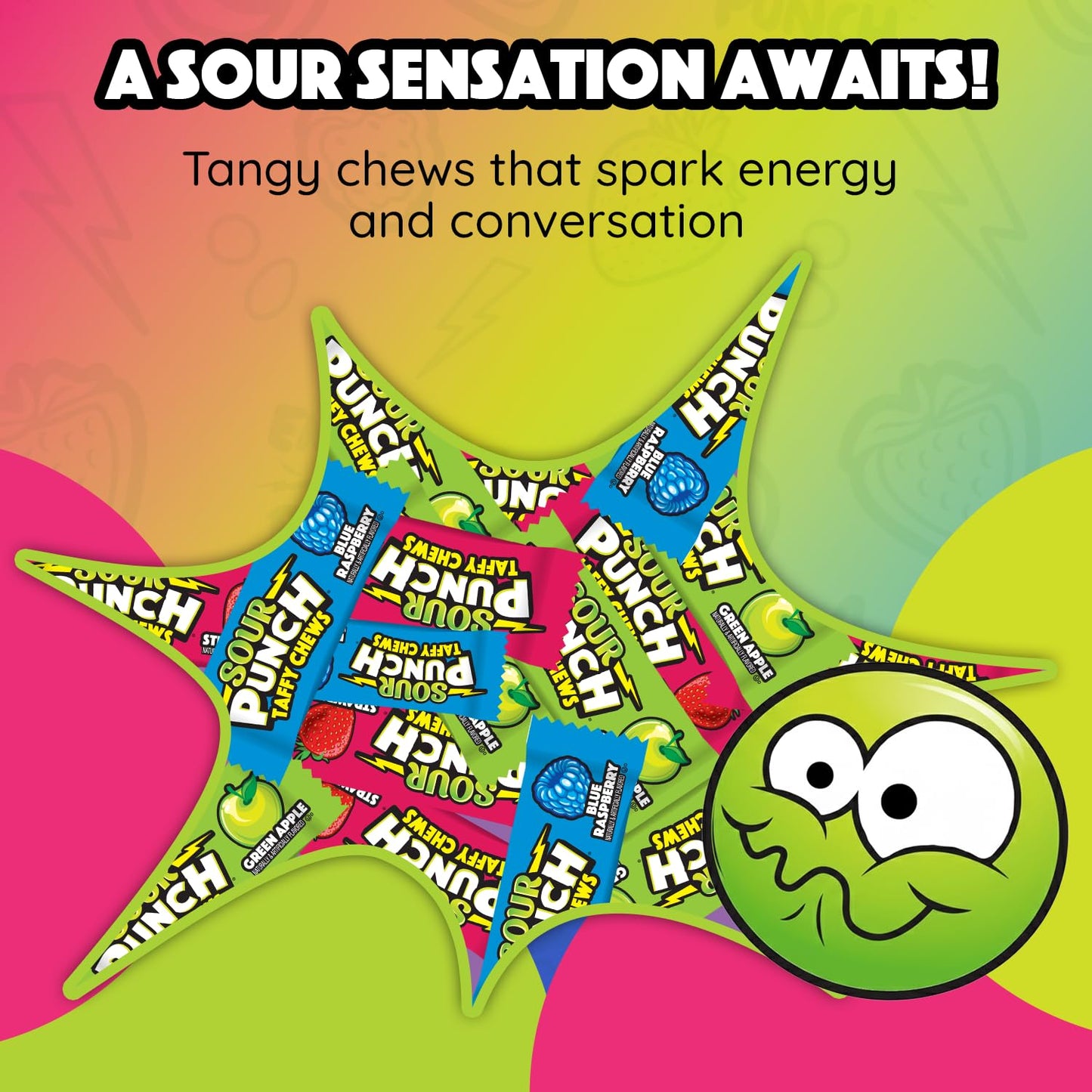 Sour Punch Taffy Candy Chews - 7 oz Bag (Pack of 1) - (Strawberry, Blue Raspberry, Green Apple) - Individually Wrapped Chewy Candy - Fun Sour Chewy