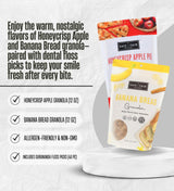 The Safe And Fair Food Company Granola Honeycrisp Apple 12 oz, Granola Banana Bread 12 oz Bundle with Dental Floss - Allergen-Free, Plant-Based