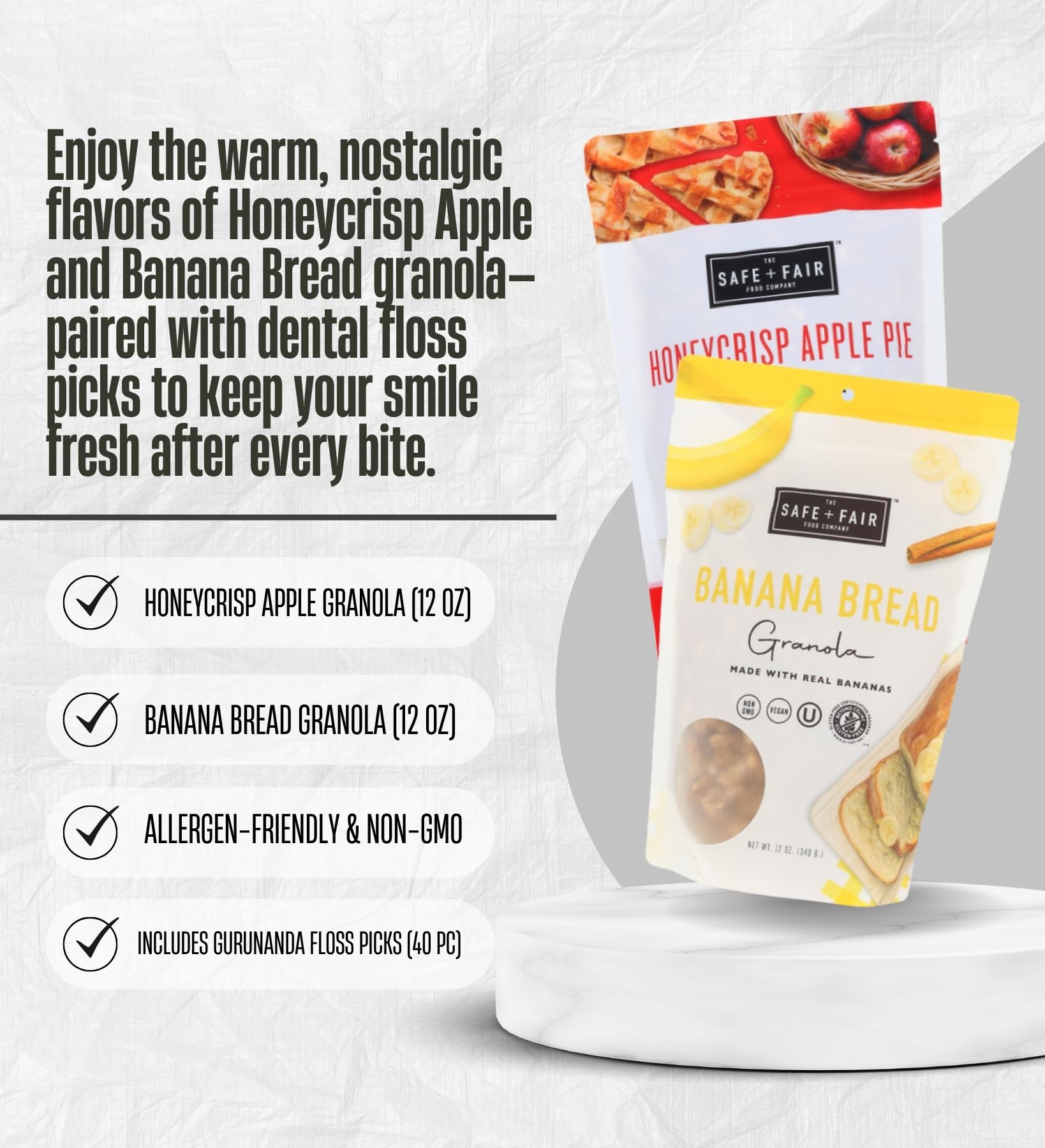 The Safe And Fair Food Company Granola Honeycrisp Apple 12 oz, Granola Banana Bread 12 oz Bundle with Dental Floss - Allergen-Free, Plant-Based