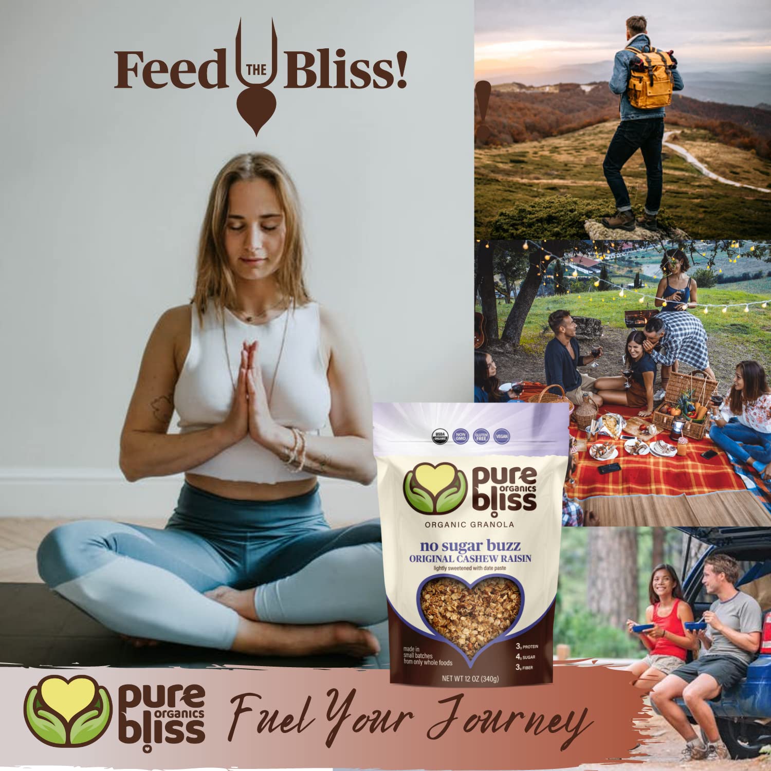 Pure Bliss Organics No Sugar Buzz Cashew Raisin Granola, Certified Organic and Gluten Free, Vegan, Non GMO, Low Glycemic, Low Sugar Alternative, Date