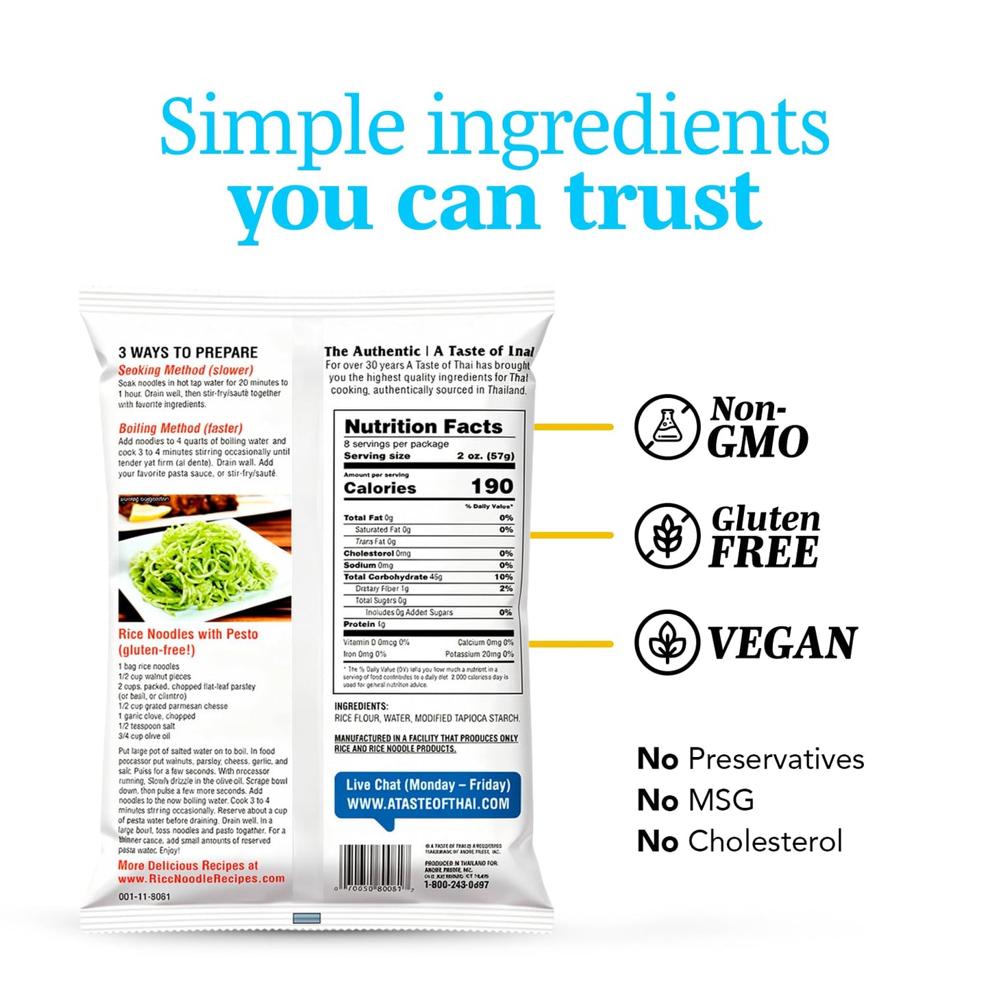 A Taste of Thai Spaghetti Rice Noodles (Thin & Straight Cut)| Restaurant-Quality Thai Flavor in Minutes | Vegan, Gluten-Free, Wheat Free, Non-GMO|