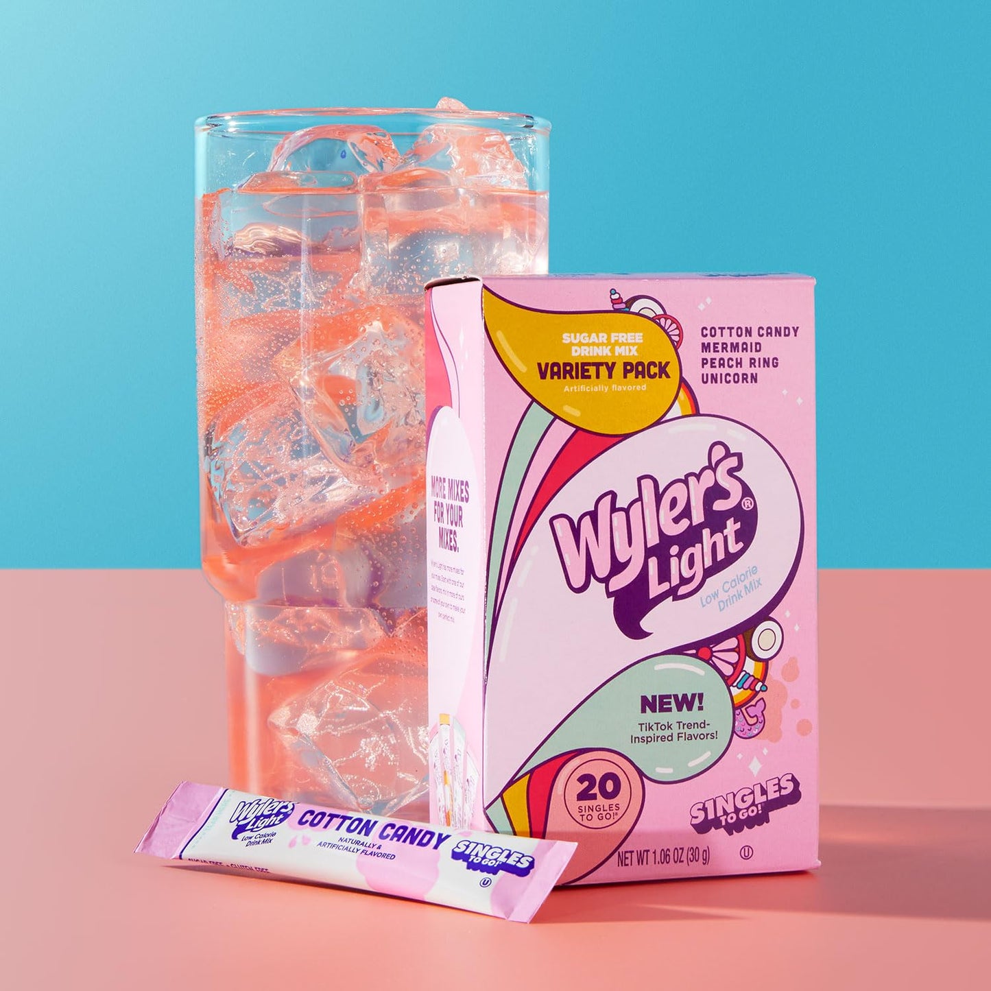 Wyler's Light Singles to Go Powder Packets, Water Drink Mix, Variety Pack, Watertok Fun Flavors, Cotton Candy, Mermaid, Peach Ring, Unicorn, Sugar