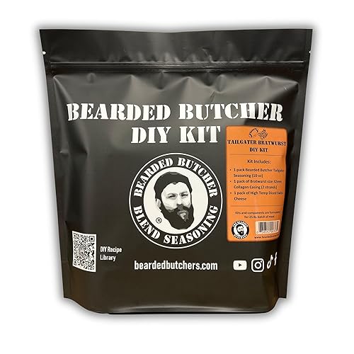 Bearded Butchers Tailgater Bratwurst DIY Kit - Create Mild, Cheesy, and Savory Homemade Brats - Includes Our Tailgater Seasoning, 32mm Collagen