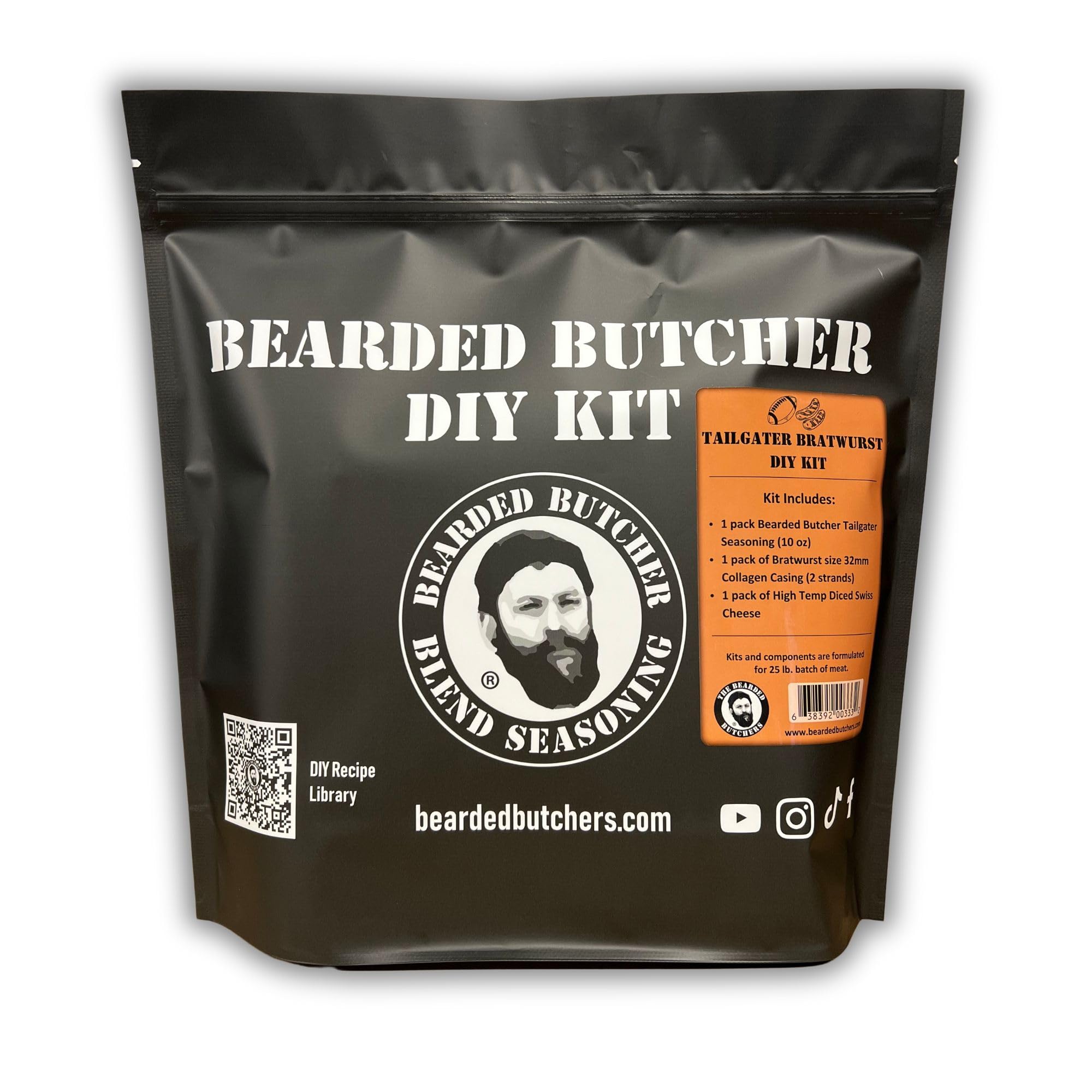 Bearded Butchers Tailgater Bratwurst DIY Kit - Create Mild, Cheesy, and Savory Homemade Brats - Includes Our Tailgater Seasoning, 32mm Collagen