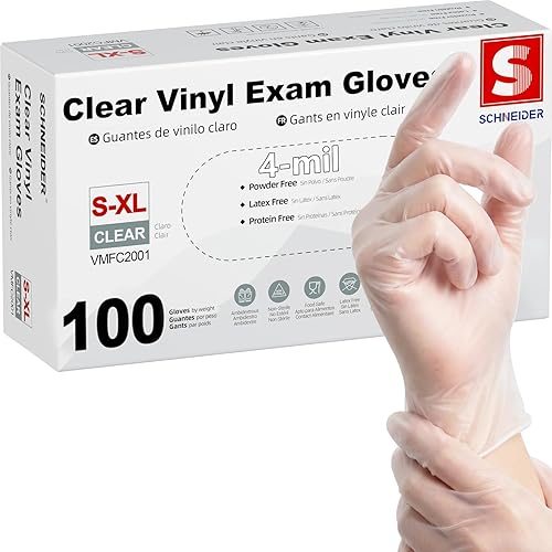 Schneider Clear Vinyl Exam Gloves, 4-mil, Large 100-ct Box, Latex-Free, Disposable Gloves, Medical Gloves, Cleaning Gloves, Food Prep Gloves, Food