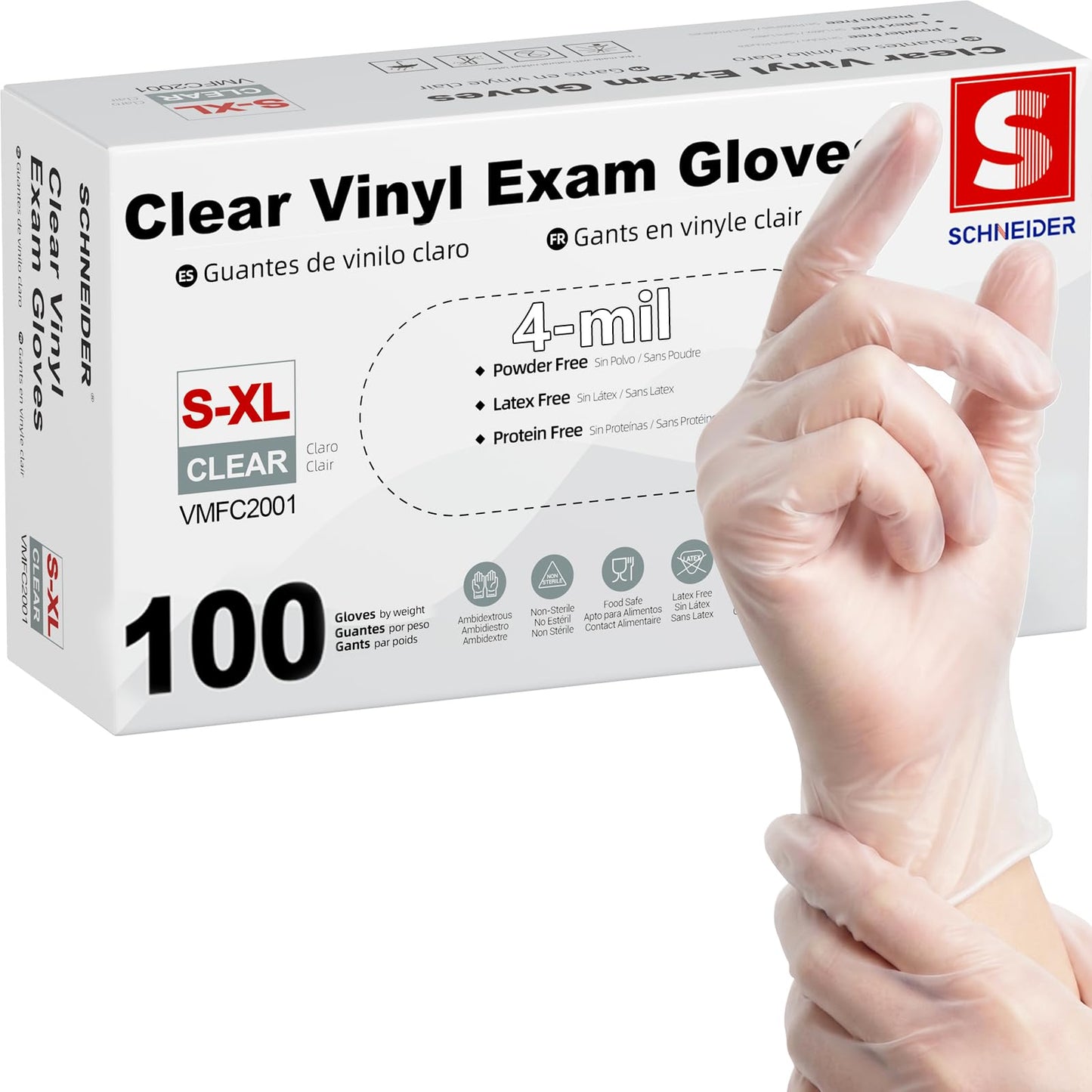 Schneider Clear Vinyl Exam Gloves, 4-mil, Large 100-ct Box, Latex-Free, Disposable Gloves, Medical Gloves, Cleaning Gloves, Food Prep Gloves, Food