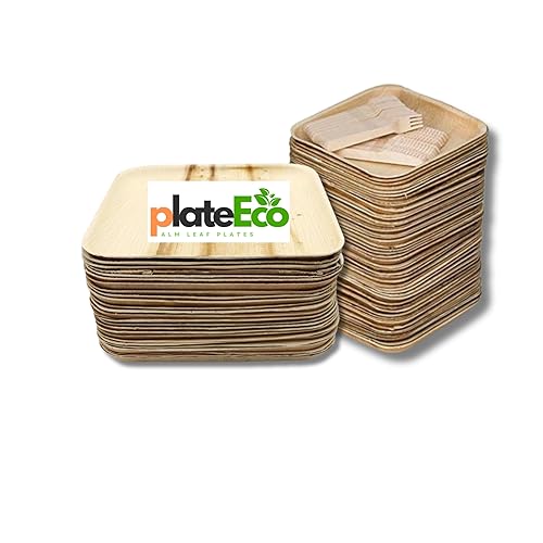 PlateEco Palm Leaf Plates Combo Pack - 8” & 10” Biodegradable Disposable Plates with Forks & Knives (25 Each) | Eco-Friendly Organic Areca Dinnerware