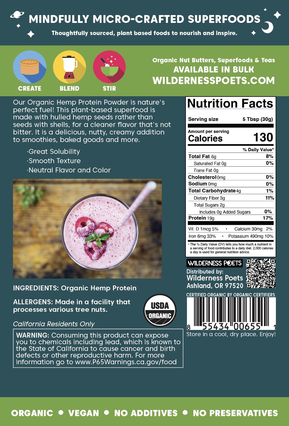 Wilderness Poets, Organic Hemp Protein Powder, 32 Ounce - 2 Pound