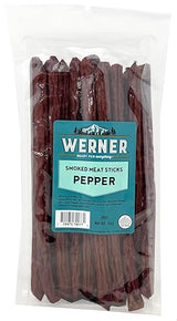 Werner Pepper Smoked Meat Sticks - 20 Pork and Beef Sticks Bulk Pepper Meat Snacks 14 Ounce (20 Individual Sticks, 9" Sticks)