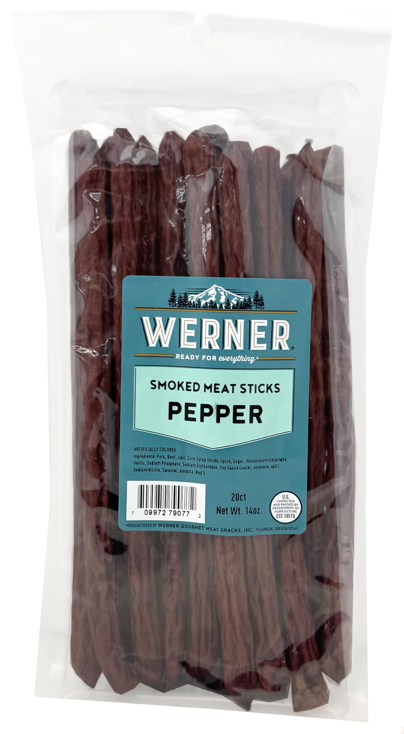Werner Pepper Smoked Meat Sticks - 20 Pork and Beef Sticks Bulk Pepper Meat Snacks 14 Ounce (20 Individual Sticks, 9" Sticks)