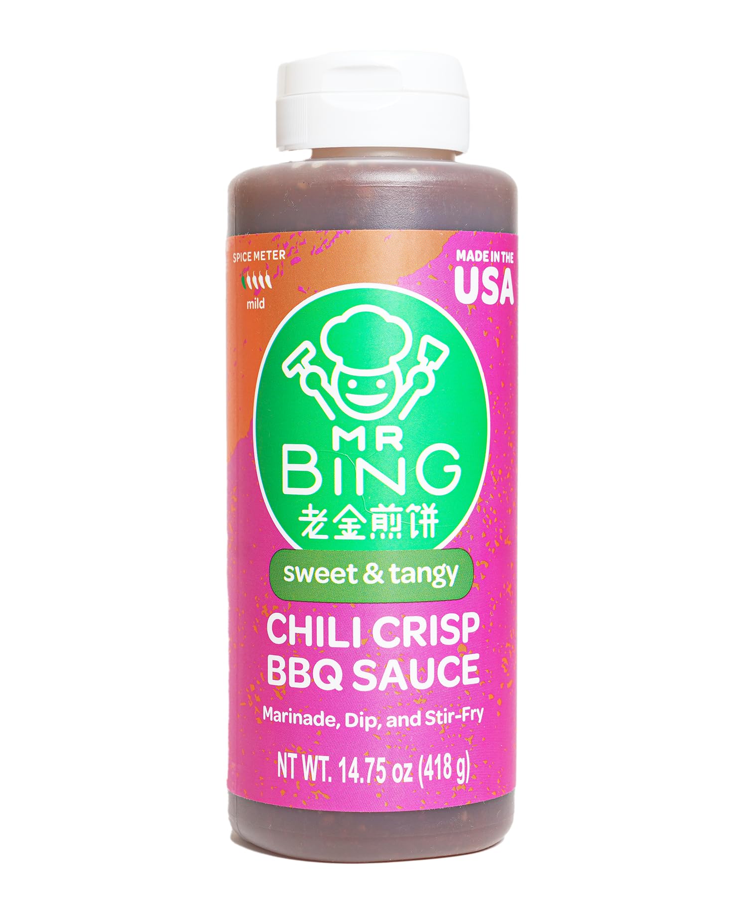 Mr Bing Sweet & Spicy Chili Crisp BBQ Sauce, 14.75 oz, Marinade Dip and Stir-Fry Sauce, Made in USA, Gluten-Free, MSG Free (Pack of 1) (Sweet & Tangy