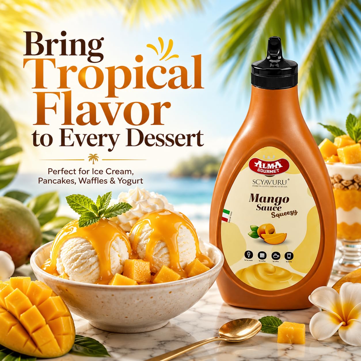 Alma Gourmet Mango Topping Sauce 17.6oz (500g) - Premium Italian Mango Fruit Syrup & Dessert Topping for Ice Cream, Gelato, Pancakes, Waffles, Crepes