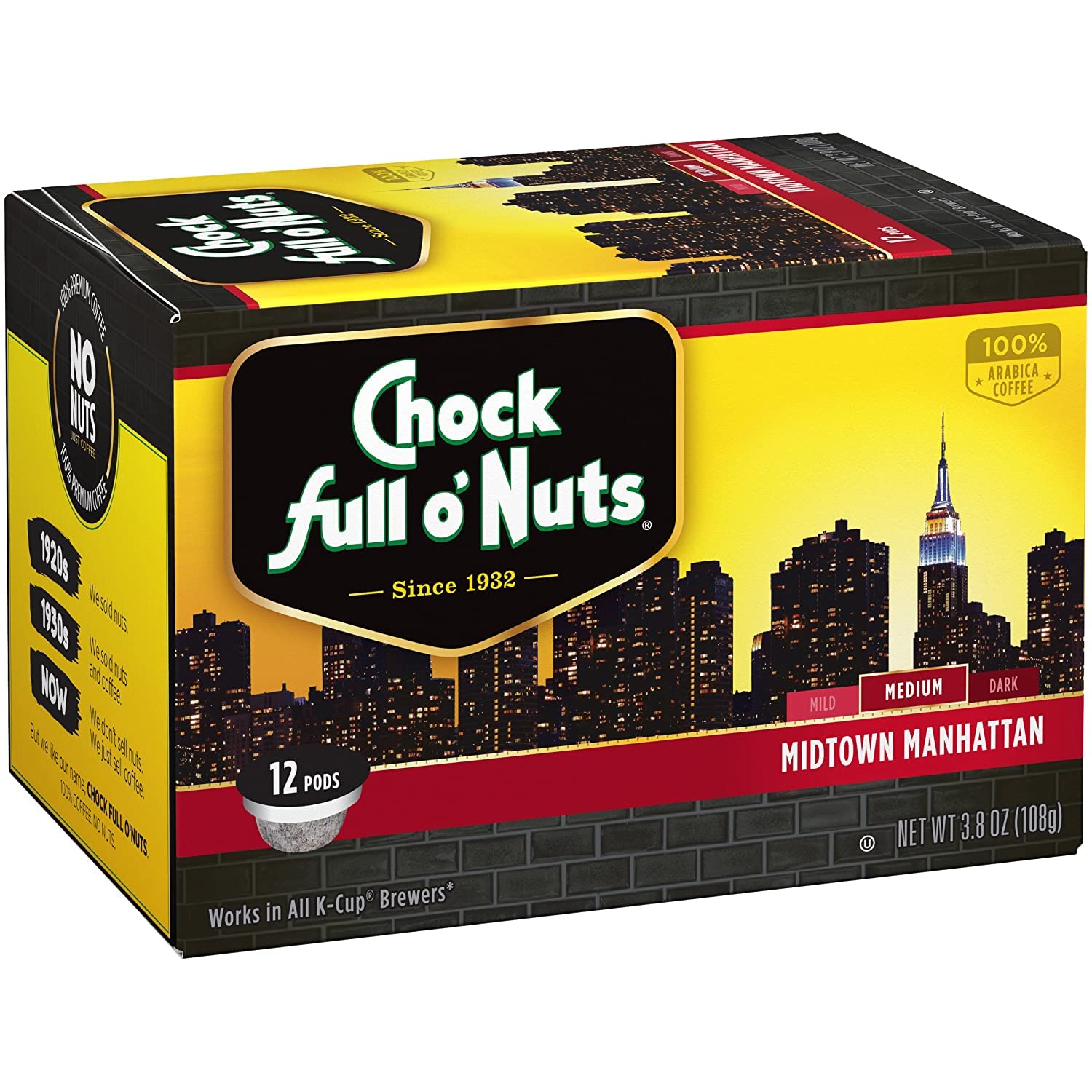 Chock Full o'Nuts Manhattan Medium Roast, K-Cup Coffee Pods (3.8 Ounce (Pack of 1), Midtown Manhattan)