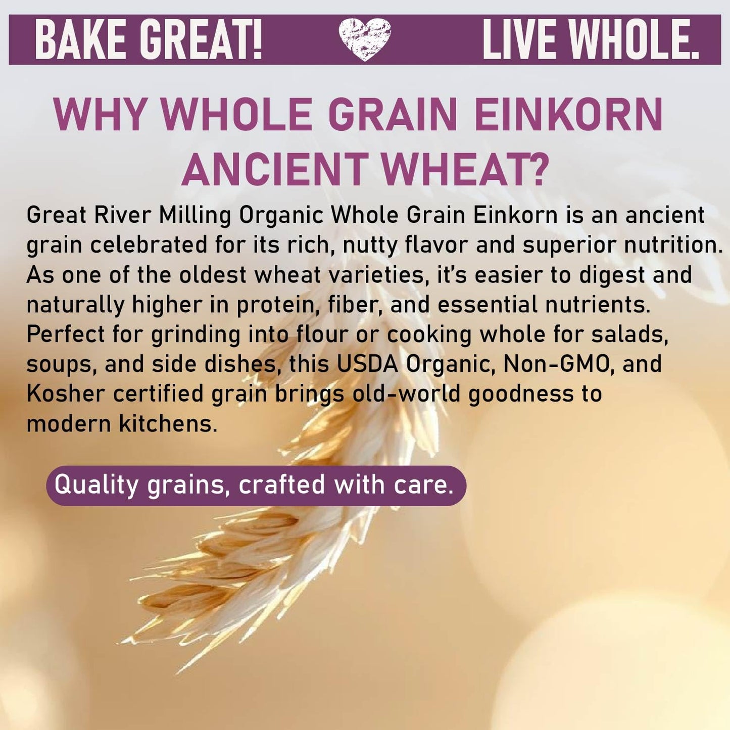 Great River Milling Einkorn Wheat Berries | Whole Grain Ancient Wheat | Non-GMO, High-Protein, Kosher | Mill at Home as All-Purpose Flour Alternative for Baking & Cooking | 5 Lb