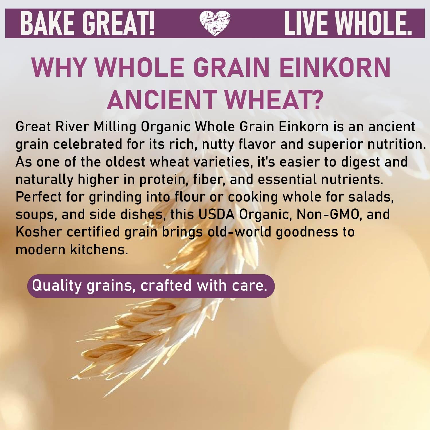 Great River Milling Einkorn Wheat Berries | Whole Grain Ancient Wheat | Non-GMO, High-Protein, Kosher | Mill at Home as All-Purpose Flour Alternative for Baking & Cooking | 5 Lb