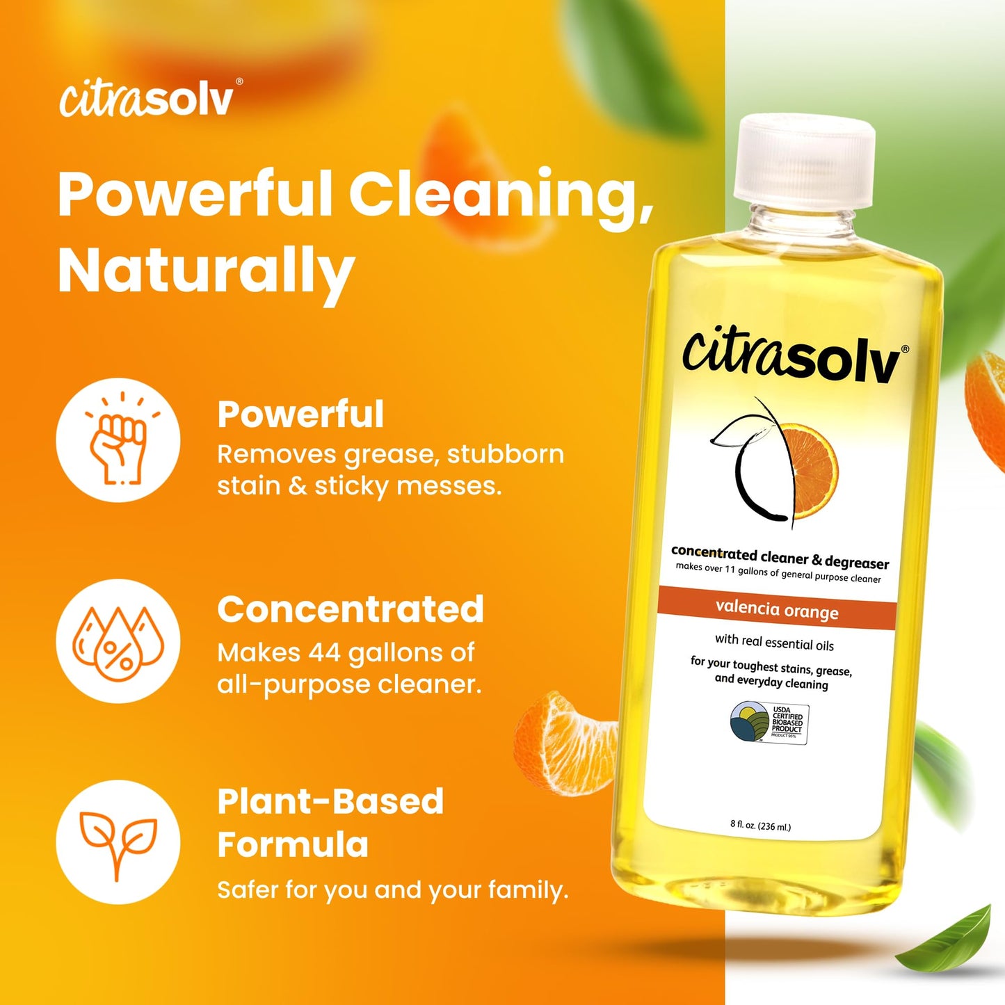 Citra Solv Concentrated Household Cleaner & Degreaser -Valencia Orange Scent 8 fl oz Safe, Effective, and Versatile Cleaning Solution, Natural