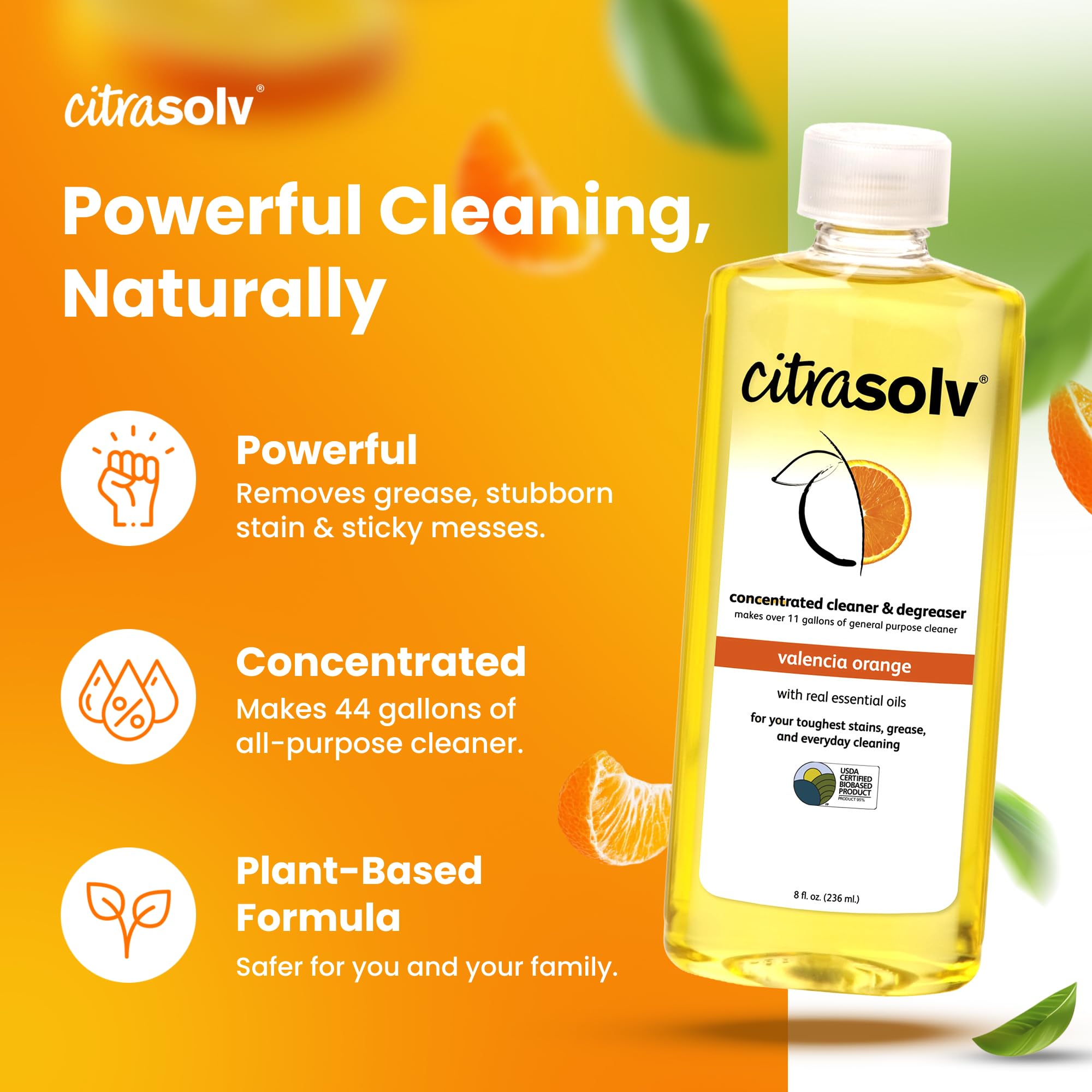 Citra Solv Concentrated Household Cleaner & Degreaser - Valencia Orange Scent - 16 Fl Oz, Safe, Effective, and Versatile Cleaning Solution, Natural