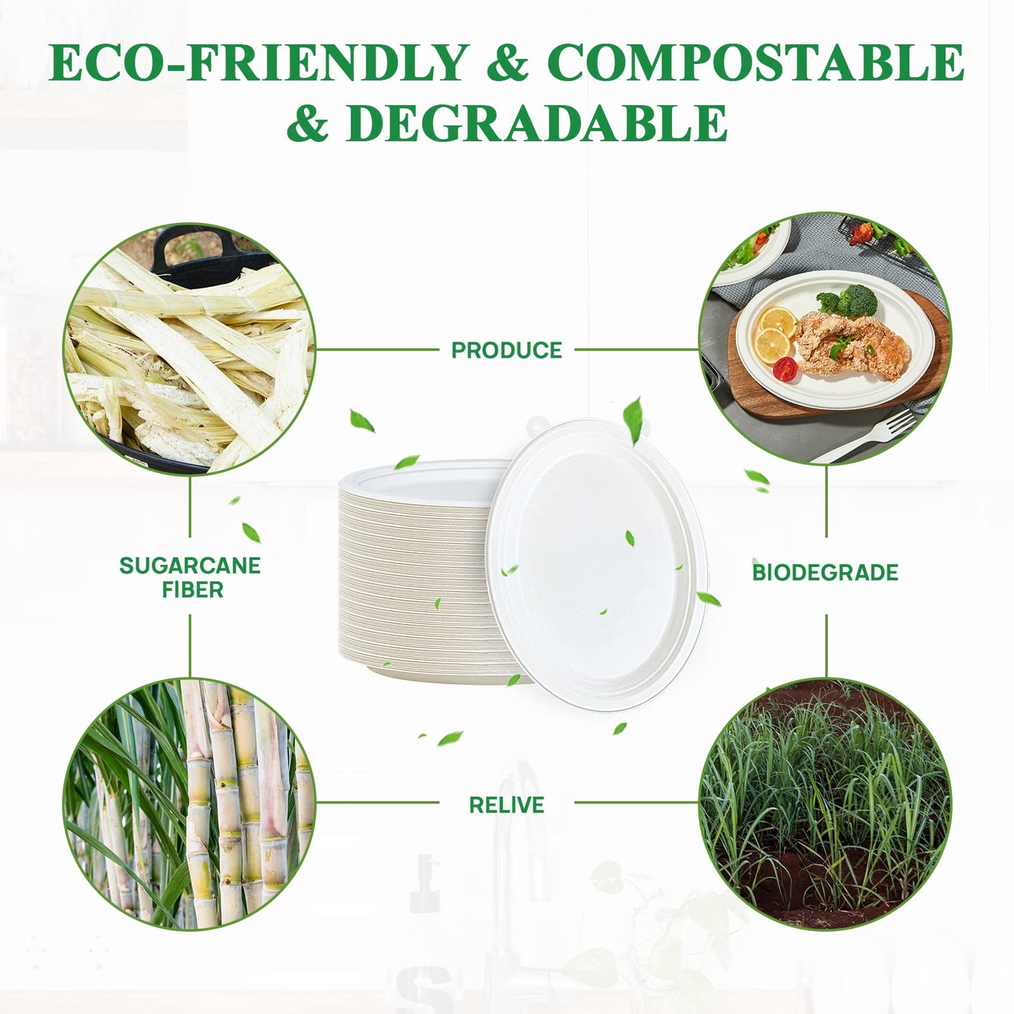 Vplus 100% Compostable Oval Paper Plates 12 inch 125 Pack Super Strong Disposable Paper Plates Bagasse Natural Biodegradable Eco-Friendly Sugarcane