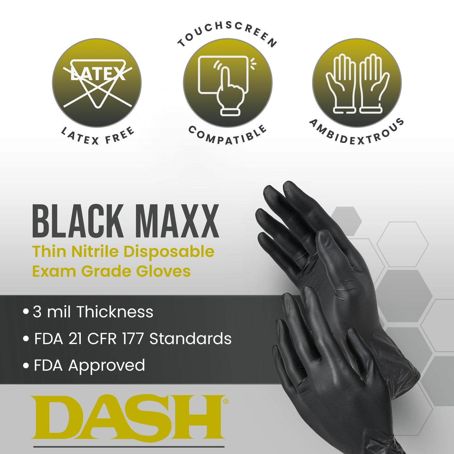DASH Box of 100 - BMX100S Black Maxx Latex Exam Gloves - Black - 6.6 mil