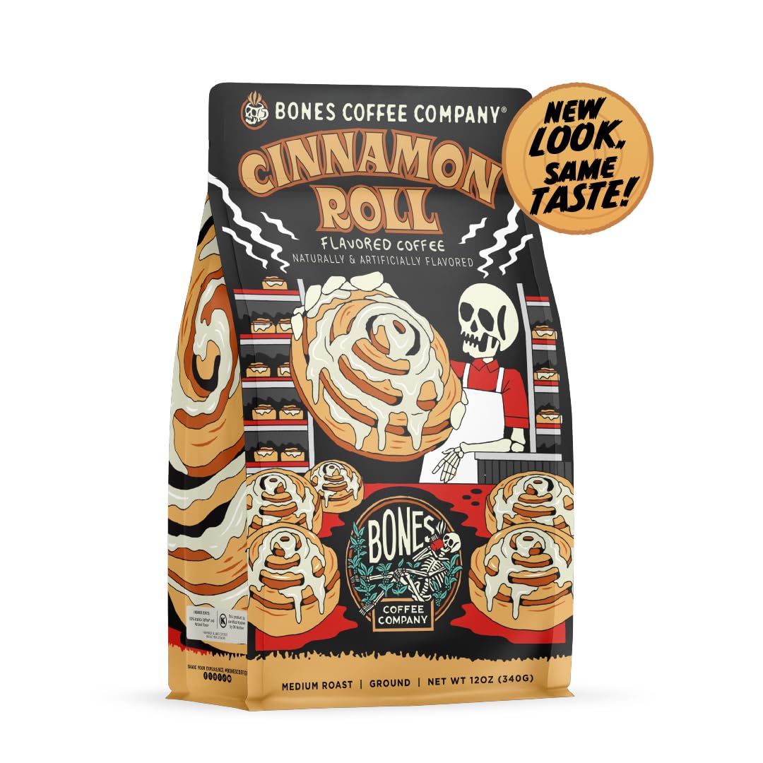 Bones Coffee Company Decaf Cinnamon Roll Decaffeinated Flavored Coffee, Medium Roast Low Acid Arabica Beans Compatible with Auto drip and French Press