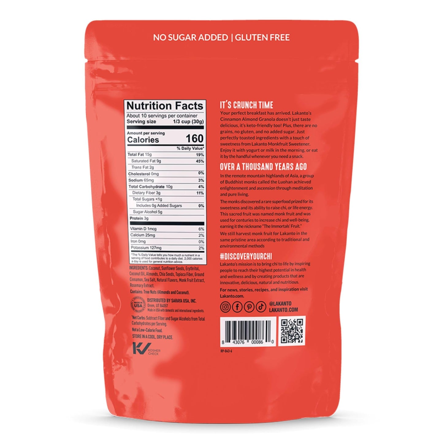 Lakanto Cinnamon Almond Crunch Granola - Delicious Snack, Quick Breakfast Cereal, Keto Friendly, Monk Fruit Sweetener, No Sugar Added, Vegan, Gluten